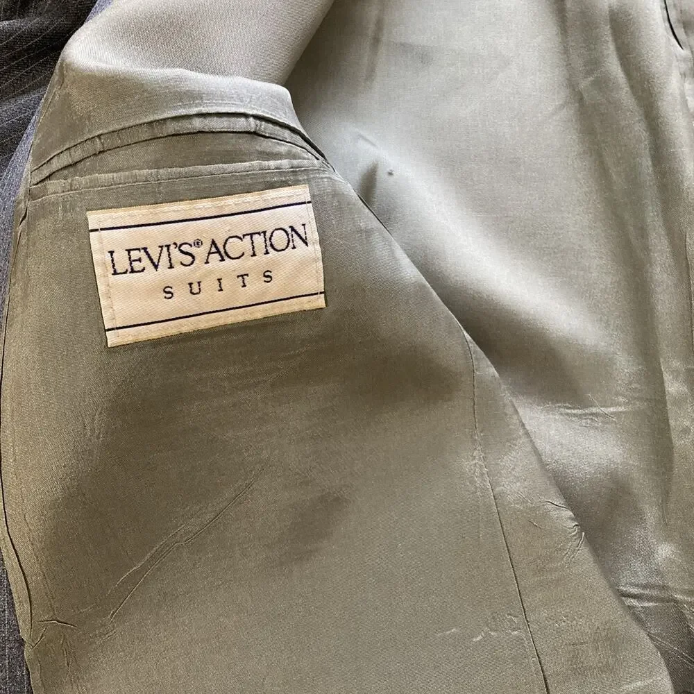 Levi's Action Mens Vtg Suit Sz 44L 36X30 Gray‎ Pinstripe 70s Retro Single Vented